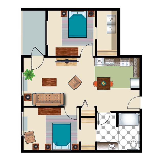 A floor plan of a two-bedroom apartment with a living room, kitchen, and bathroom.