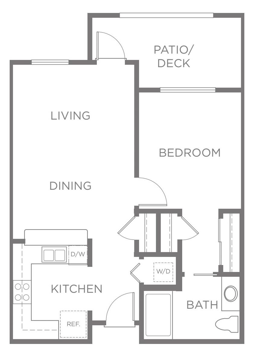 One-bedroom apartment floor plan with living, dining, kitchen, bathroom, and patio/deck.