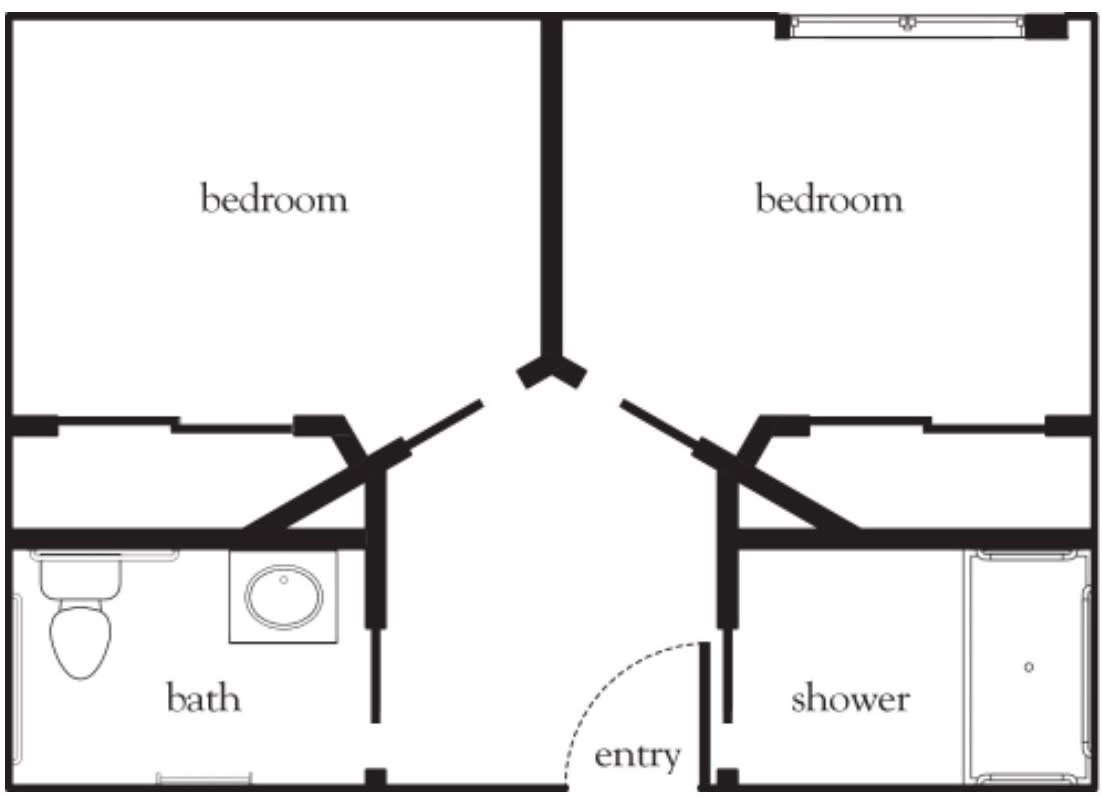 Floor plan showing two bedrooms, a bath, shower, and entry area.