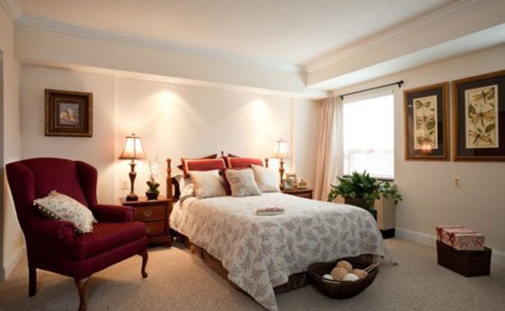 A cozy bedroom with elegant interior design, featuring a bed with decorative pillows, bedside lamps, and a potted plant by the window.