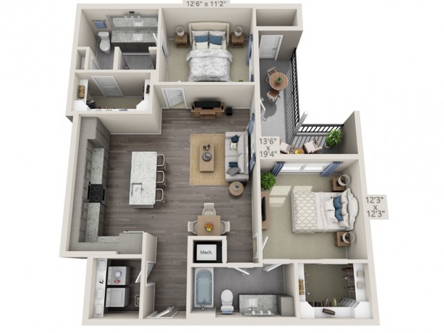 A 3D floor plan showing a two-bedroom apartment with an open living area, kitchen, and balcony.