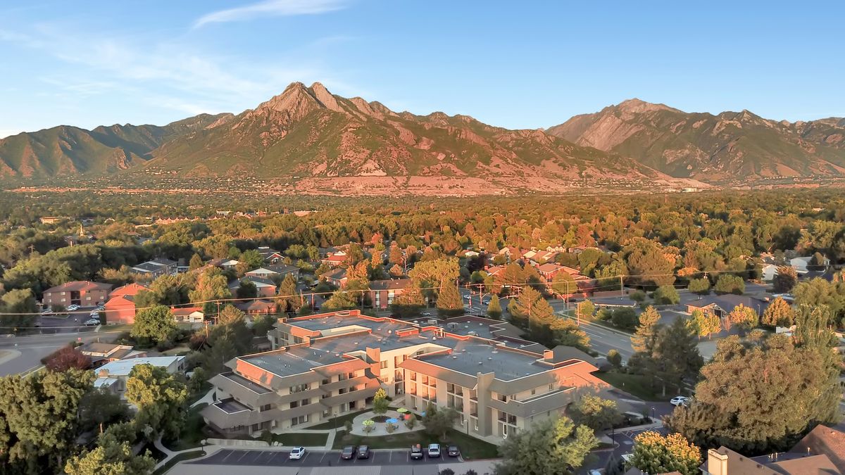 An aerial view of a residential area surrounded by lush trees with a backdrop of mountains during sunset.