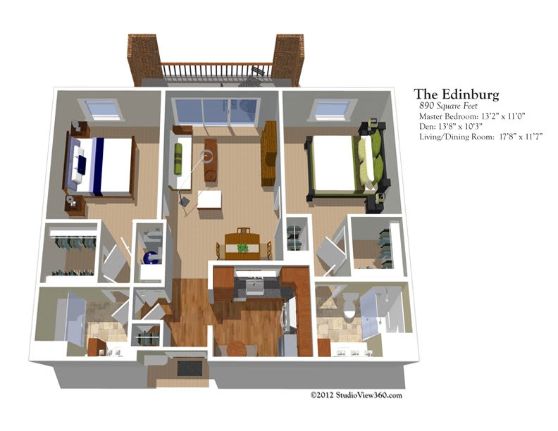 3D floor plan of the Edinburgh model apartment, showcasing two bedrooms, a living room, and kitchen area.