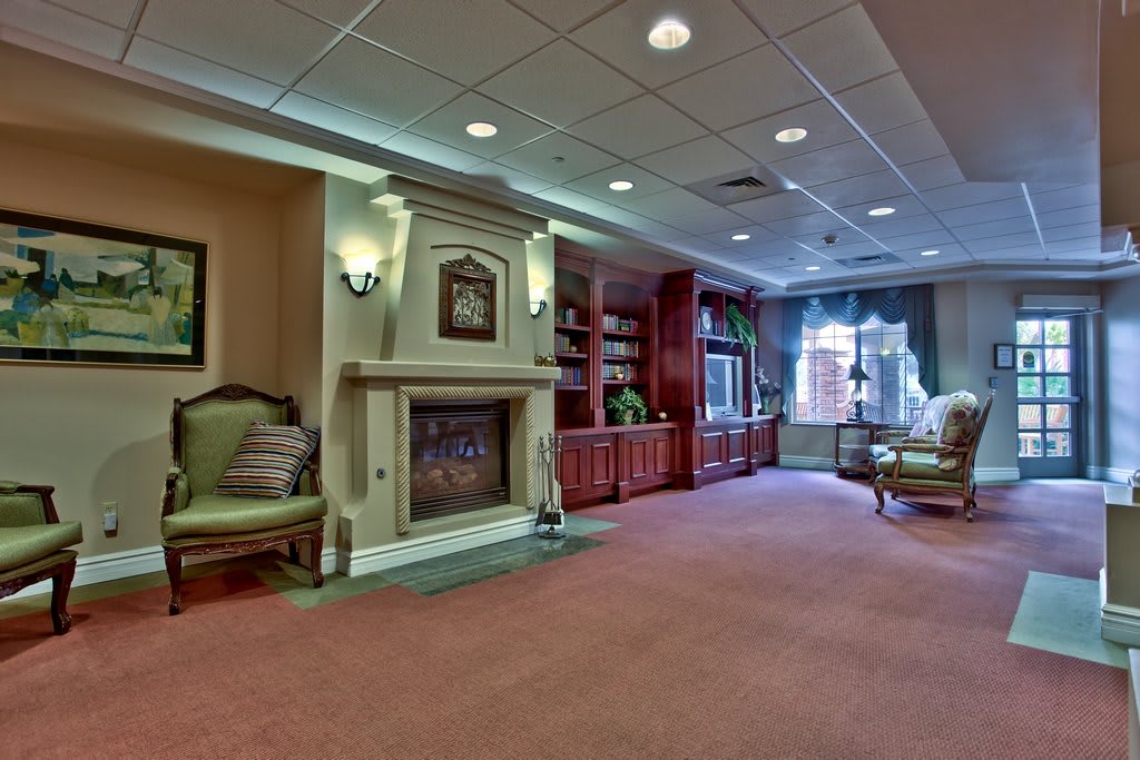 A cozy living room featuring a fireplace, comfortable seating, and elegant shelves.
