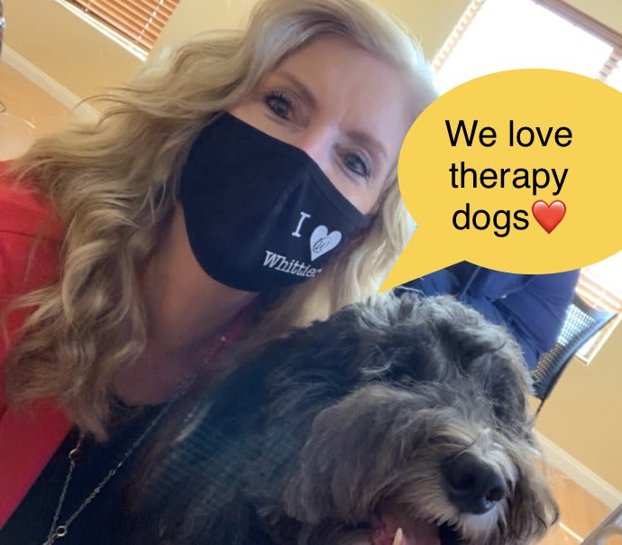 Woman enjoying time with a therapy dog, expressing love for therapy dogs.