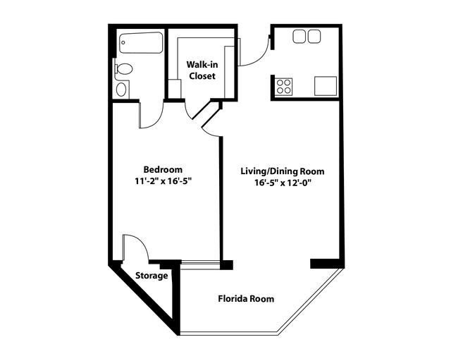 Floor plan of a one-bedroom apartment with a walk-in closet and living/dining area.