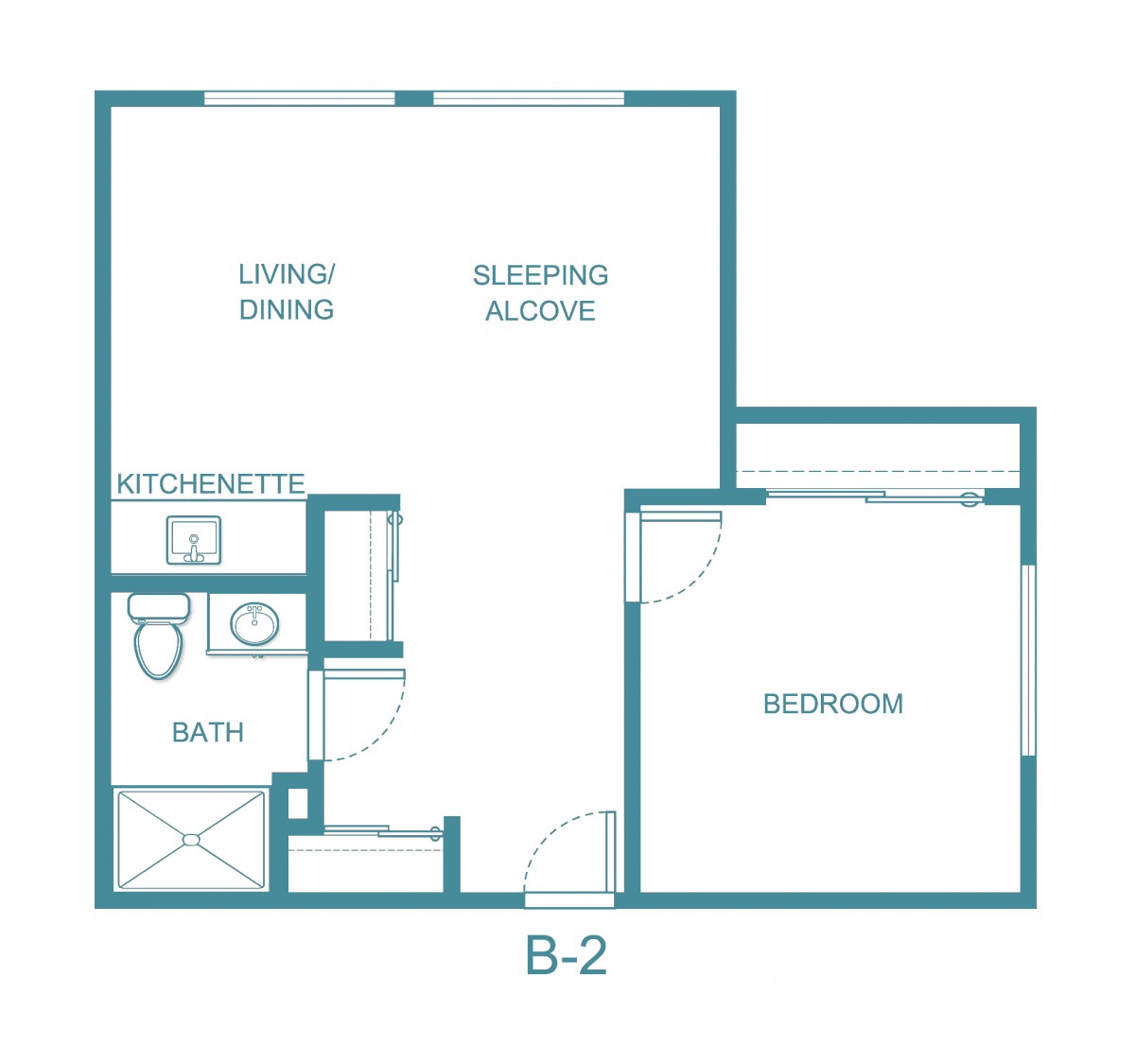 A floor plan of a one-bedroom apartment labeled as unit B-2.