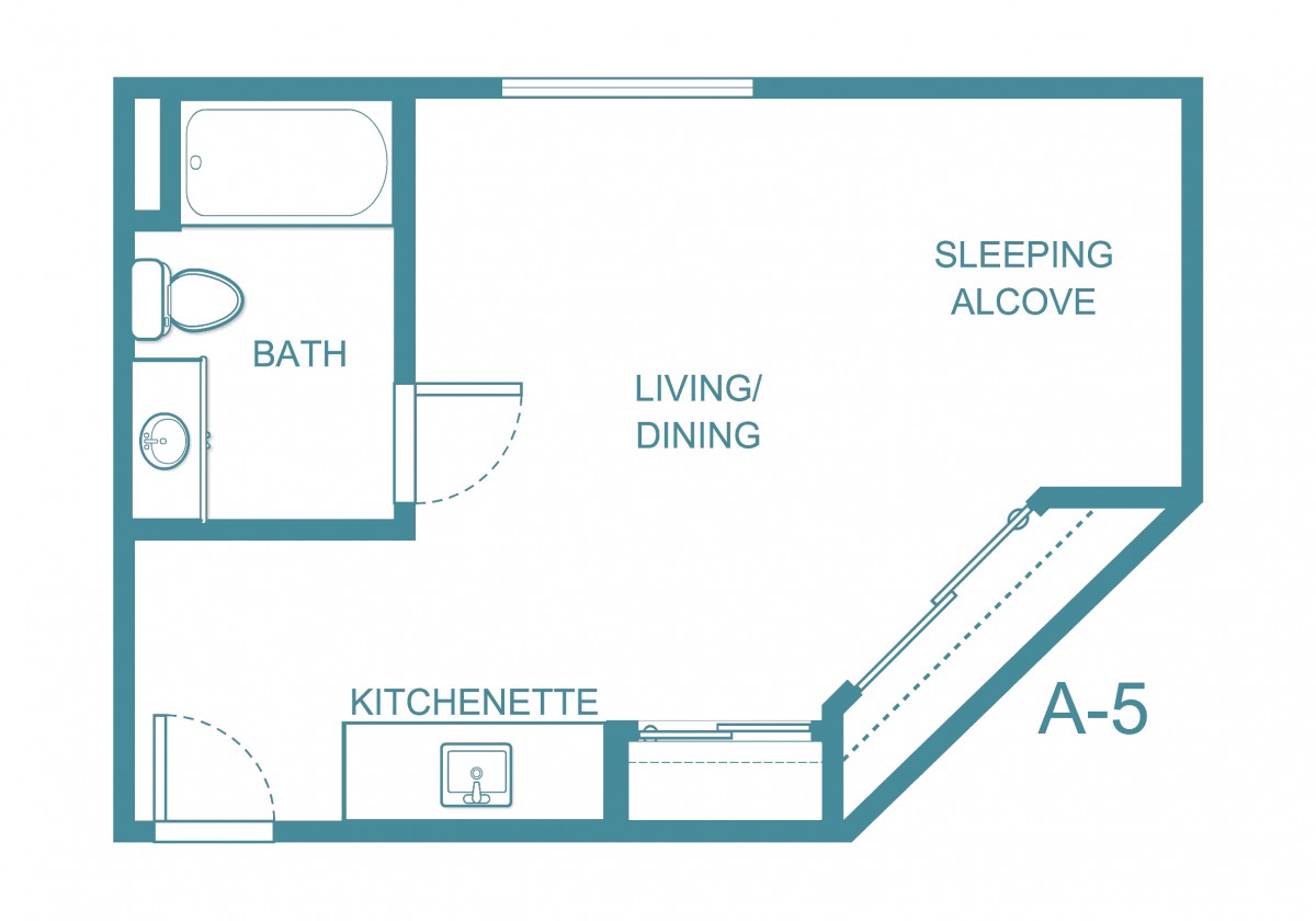 Studio apartment floor plan with bath, kitchenette, living/dining, and sleeping alcove.