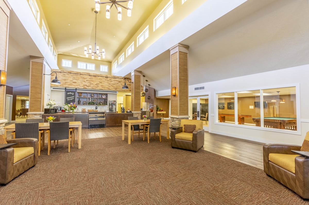 A modern lobby with comfortable seating and elegant lighting.
