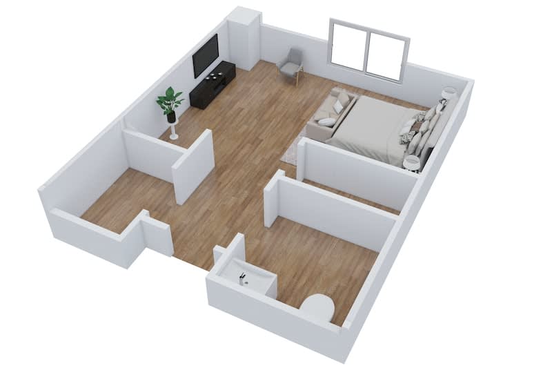 A 3D floor plan of a modern 1-bedroom apartment.