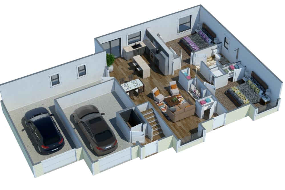 A 3D floor plan showcasing a modern house layout with multiple rooms and a garage.