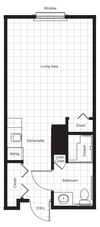 A floor plan of a studio apartment featuring a living area, kitchenette, closet, and shower.