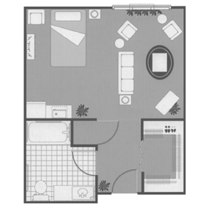 A black and white floor plan of a one-bedroom apartment with a living room, kitchen, and bathroom.