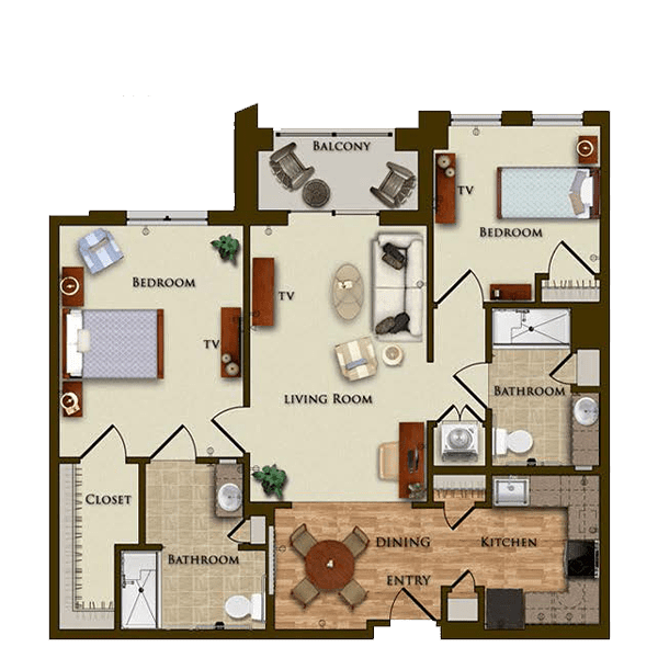 A detailed floor plan of a two-bedroom apartment with a living room, kitchen, balcony, and two bathrooms.