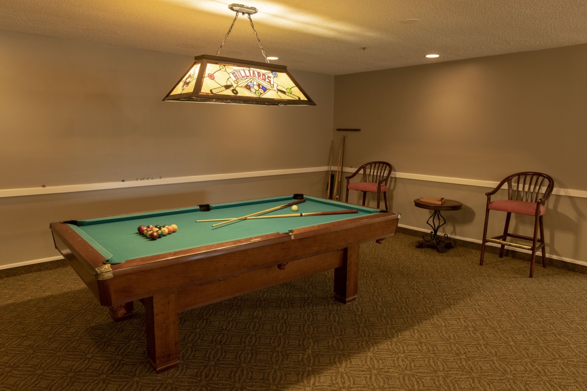 A cozy game room featuring a pool table with overhead lighting.