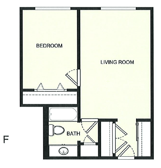 A simple floor plan of an apartment with one bedroom, a living room, and a bathroom.