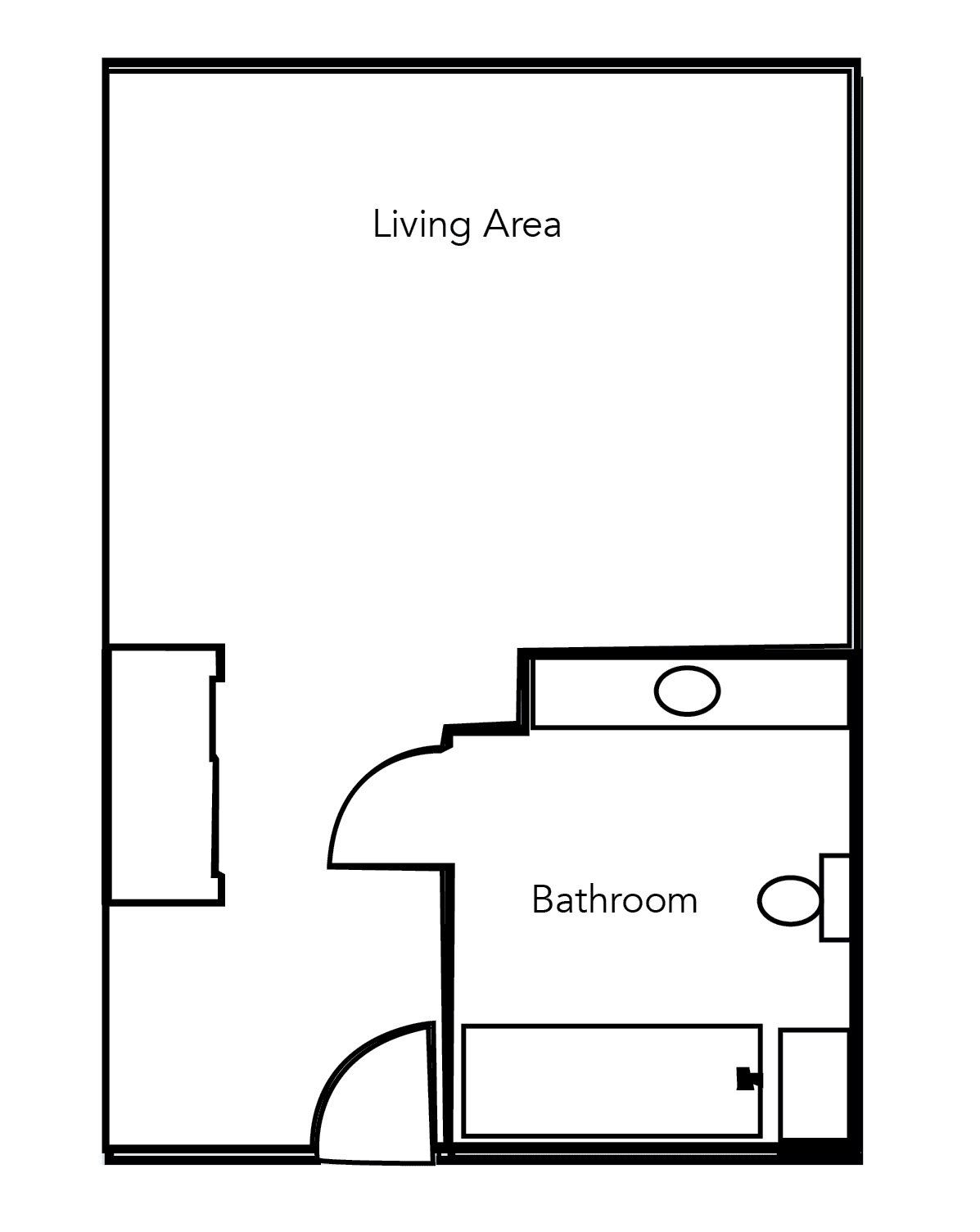 A simple floor plan showing a living area and bathroom layout.
