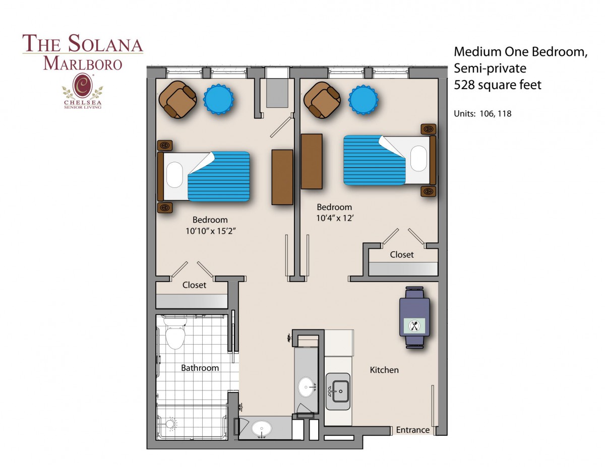 Floor plan of a two-bedroom apartment with labeled rooms and dimensions.