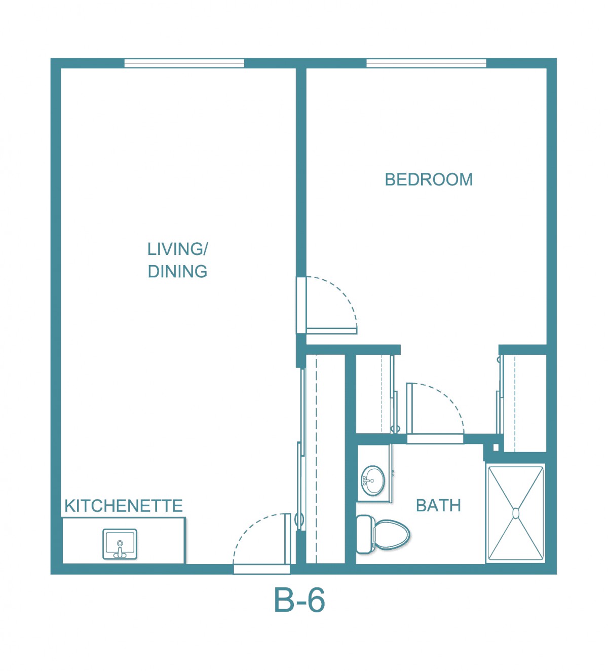 A floor plan of a one-bedroom apartment featuring a living area, kitchenette, and bathroom.