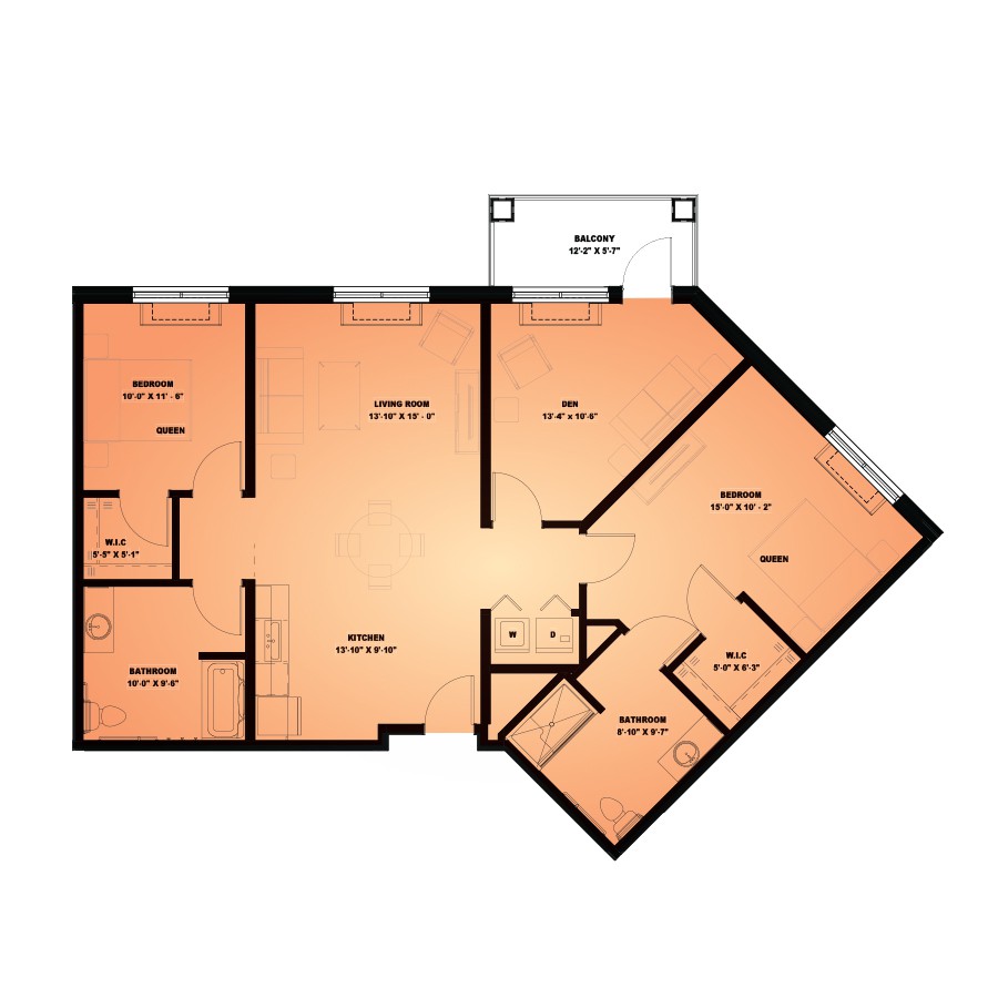 A floor plan illustrating the layout of an apartment with multiple rooms and designated areas.