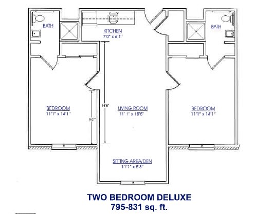 Two Bedroom Deluxe Floor Plan Layout from 795-831 sq. ft.