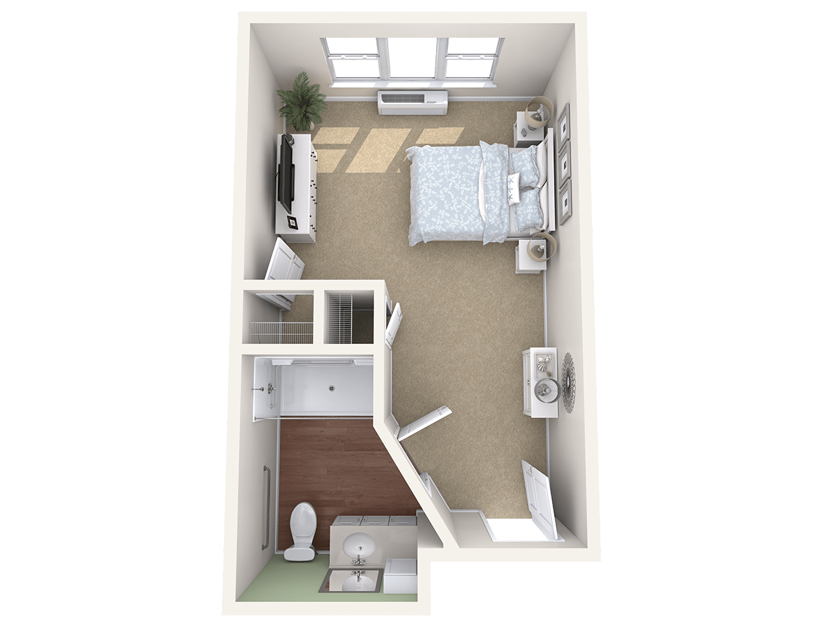 A 3D floor plan of a compact studio apartment with a bedroom, living area, and bathroom.