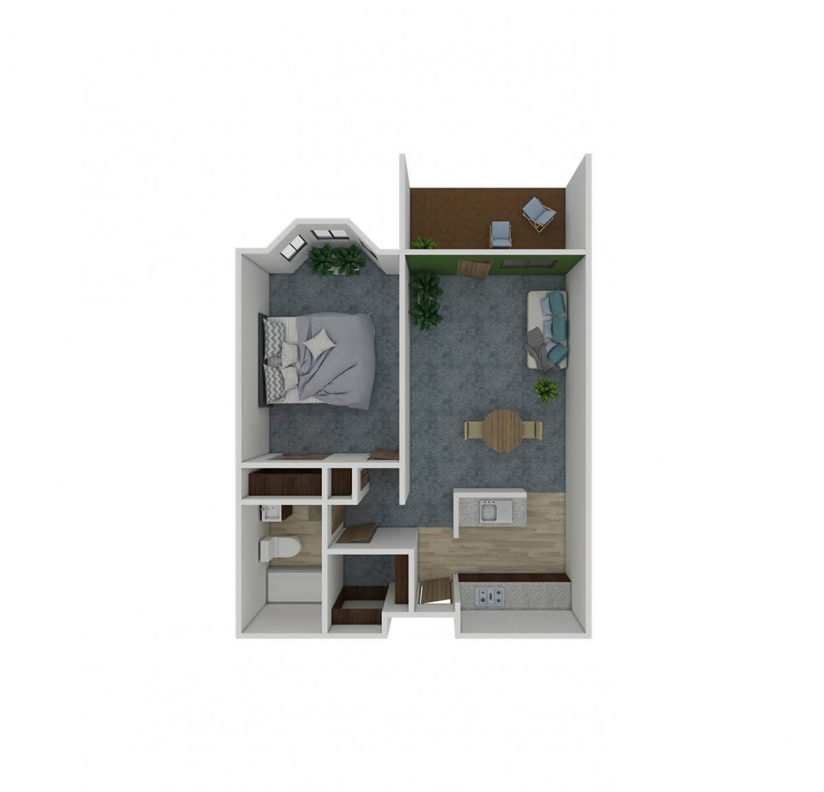 A 3D floor plan of a one-bedroom apartment including a living area, kitchen, bathroom, and balcony.