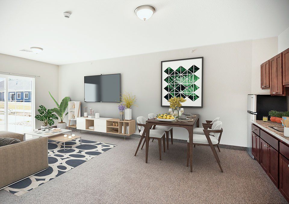 A modern living room featuring a dining area with stylish furniture and decorative artwork.