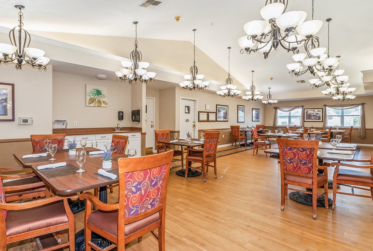 An elegant dining room with ornate chandeliers and wooden chairs featuring intricate designs.
