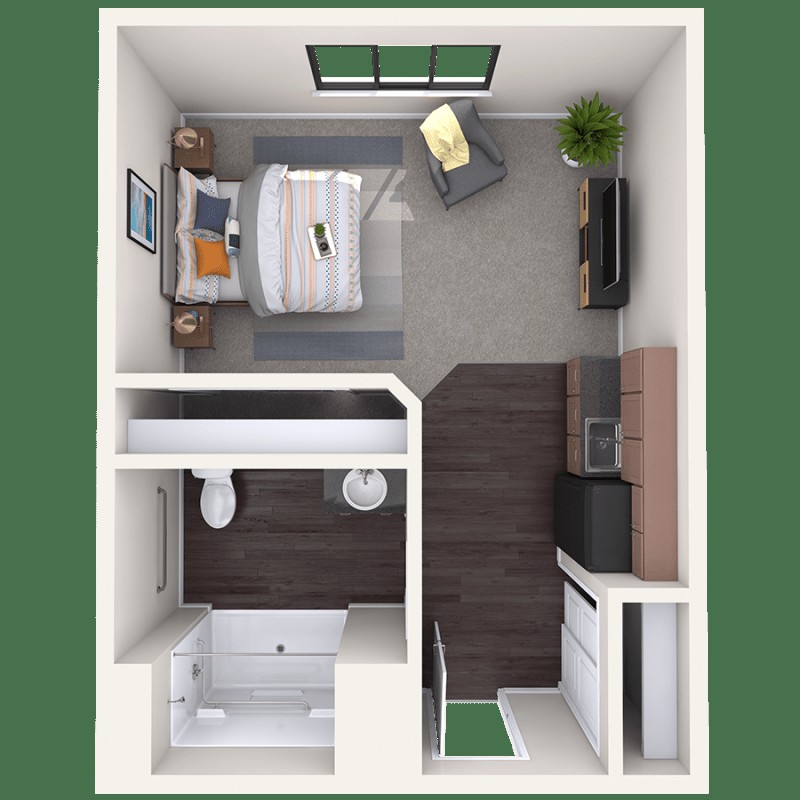 A compact studio apartment layout featuring a combined bedroom and living space, kitchenette, and bathroom.