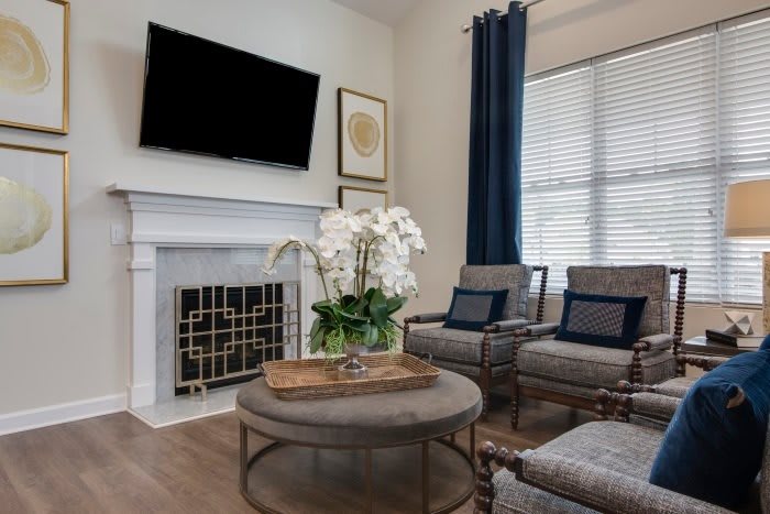 A modern living room with a fireplace, mounted television, and elegant decor.