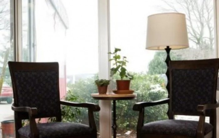 A cozy seating area with two chairs, a table with potted plants, and a lamp by the window.
