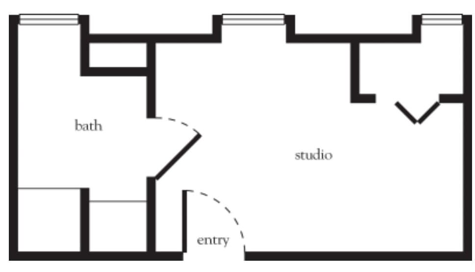 A simple floor plan of a studio apartment showing an entryway and main living area.