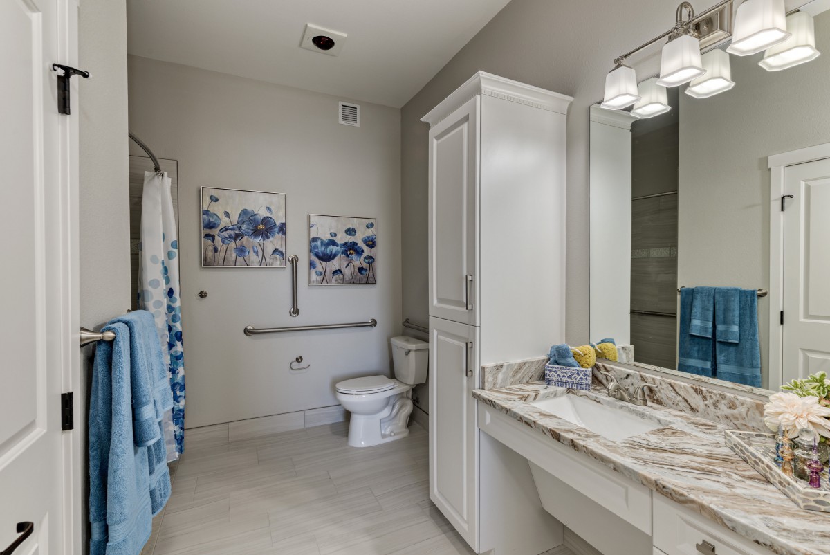 A modern bathroom interior featuring a toilet, sink with cabinetry, and decorative elements.
