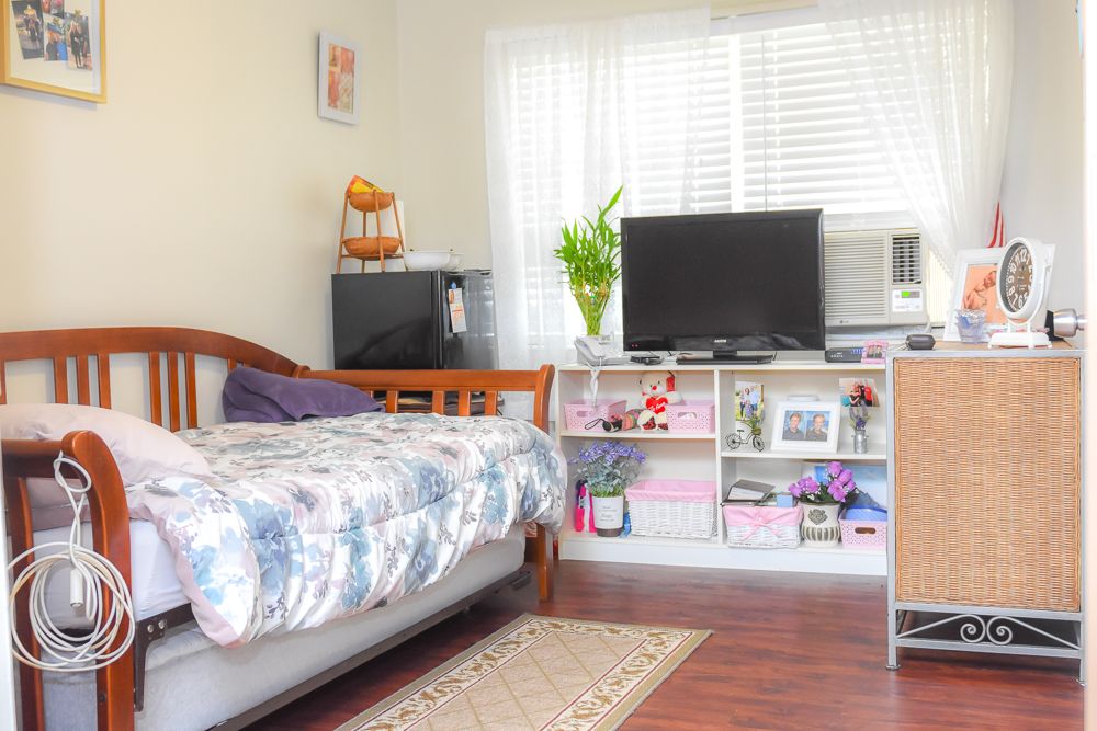 A cozy bedroom with a floral-patterned bed, a TV on white shelves, and decorative elements in a bright setting.