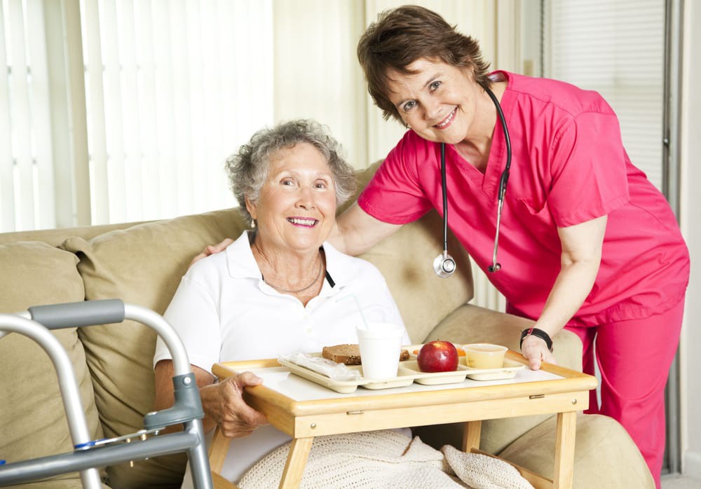 A nurse assists an elderly woman at home with a meal.