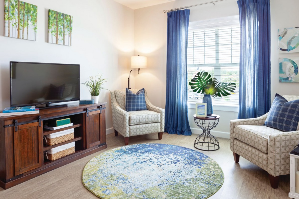 A cozy living room with modern decor featuring blue accents, a round rug, and ample natural light.