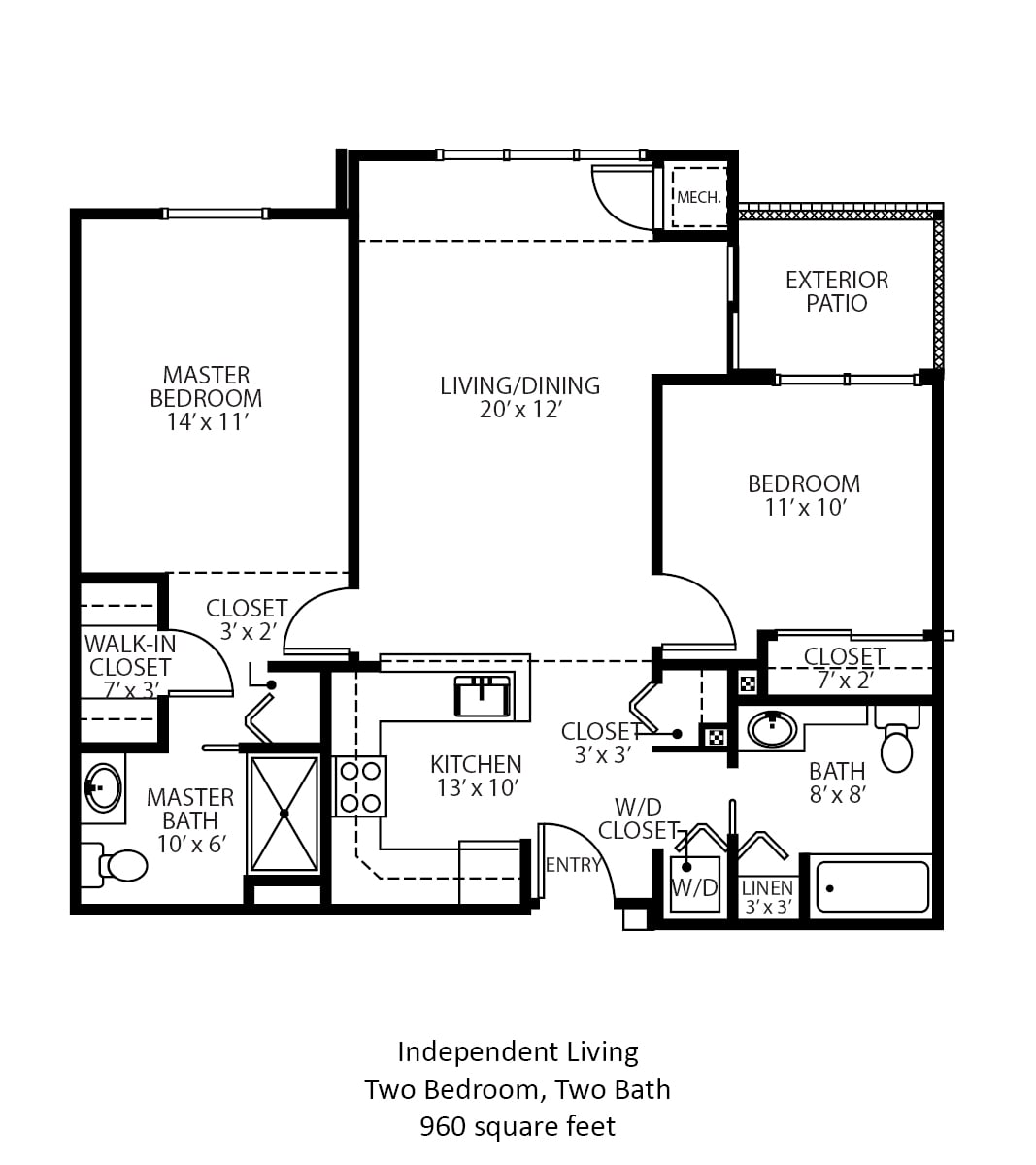 A floor plan of an independent living apartment featuring two bedrooms and two bathrooms.