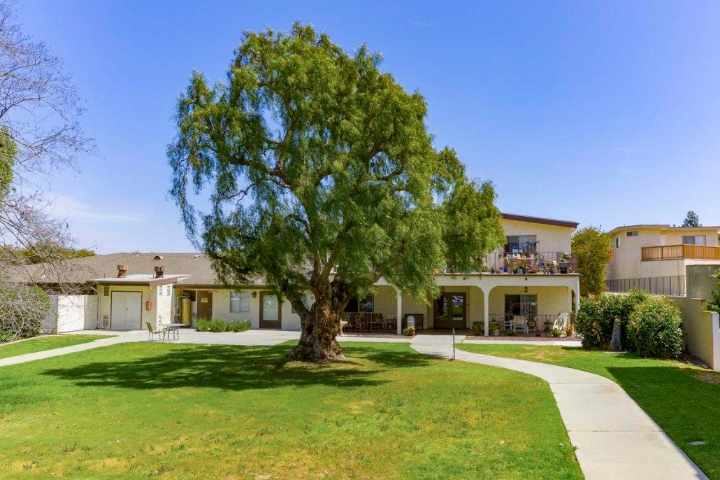 A spacious two-story residential house with a large tree and well-maintained lawn in front.