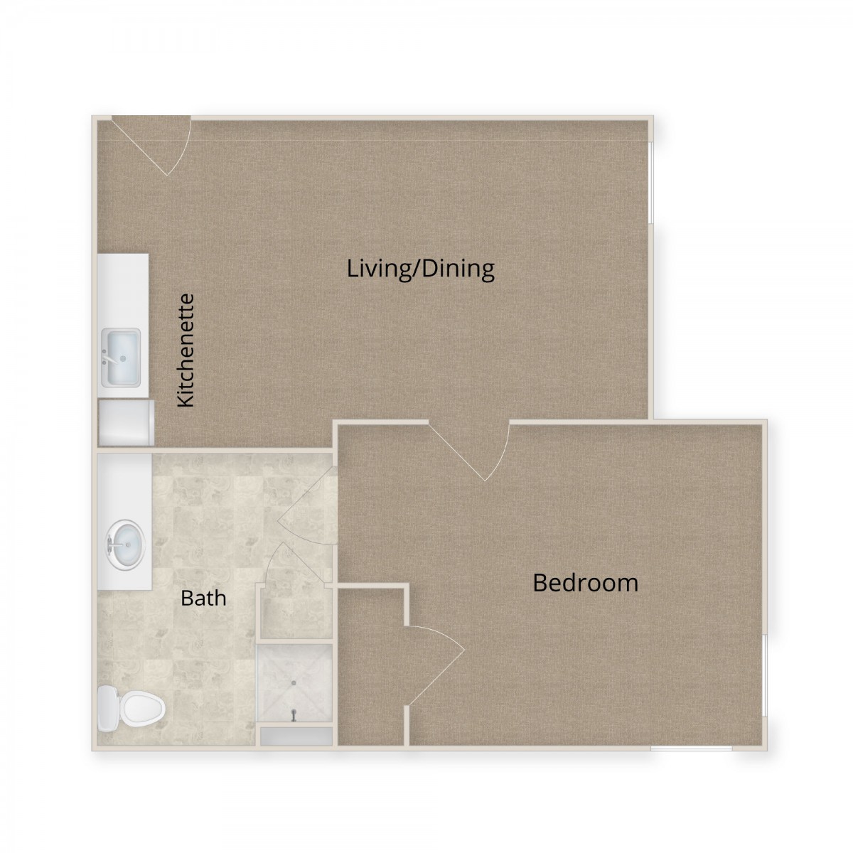 A simple floor plan showing an apartment with a living/dining area, a kitchen, a bathroom, and a bedroom.