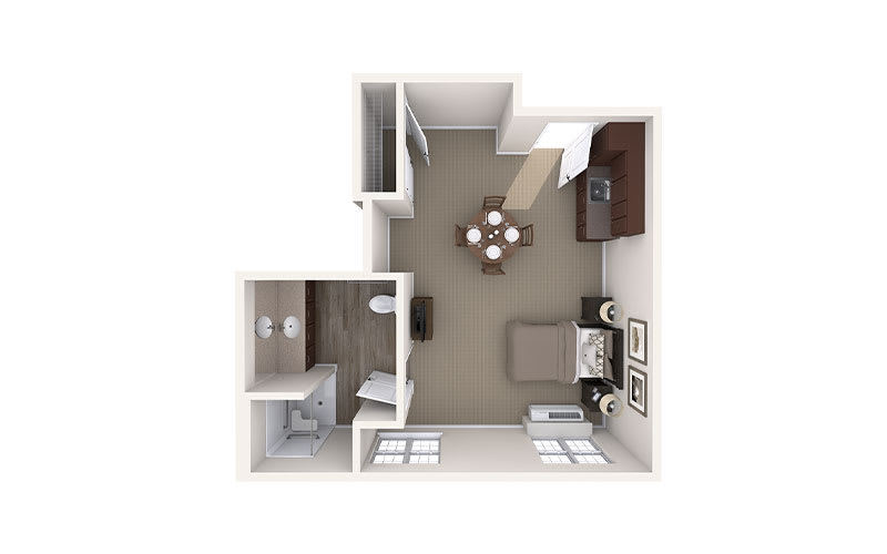 A 3D floor plan of a studio apartment featuring a living area, kitchen, and bathroom.