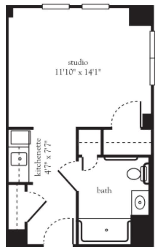 Floor plan of a studio apartment with kitchenette and bathroom.
