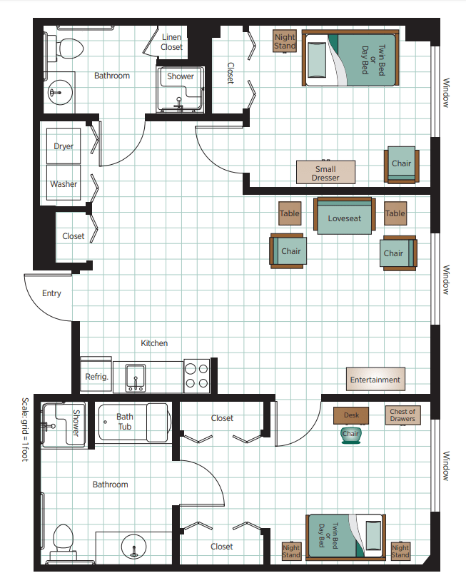 A detailed floor plan of a two-bedroom apartment, showcasing the layout of rooms and furniture.