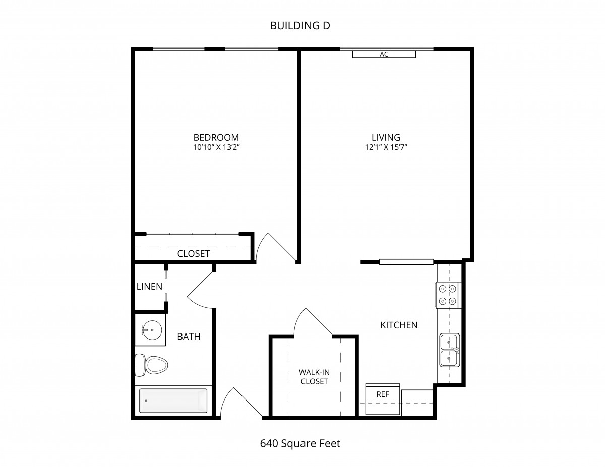 A floor plan of a 644 square foot, one-bedroom apartment layout.