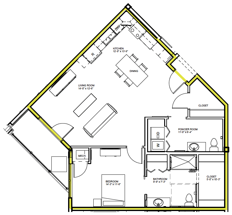 A detailed floor plan showing the layout of a residential space with designated areas for kitchen, dining, living room, bedroom, and bathroom.