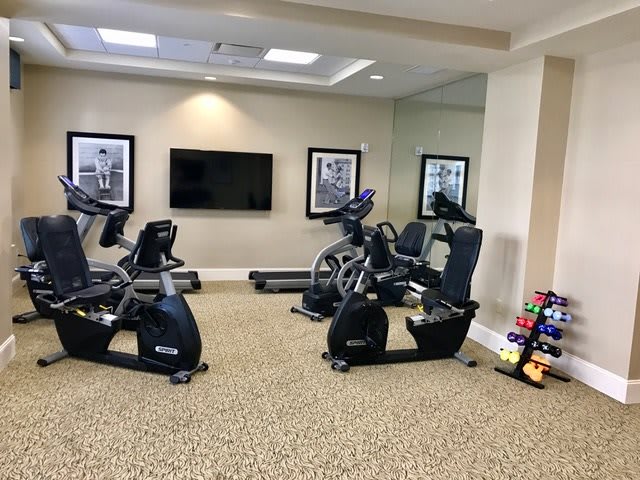 A well-equipped gym with cardio machines including treadmills and stationary bikes.