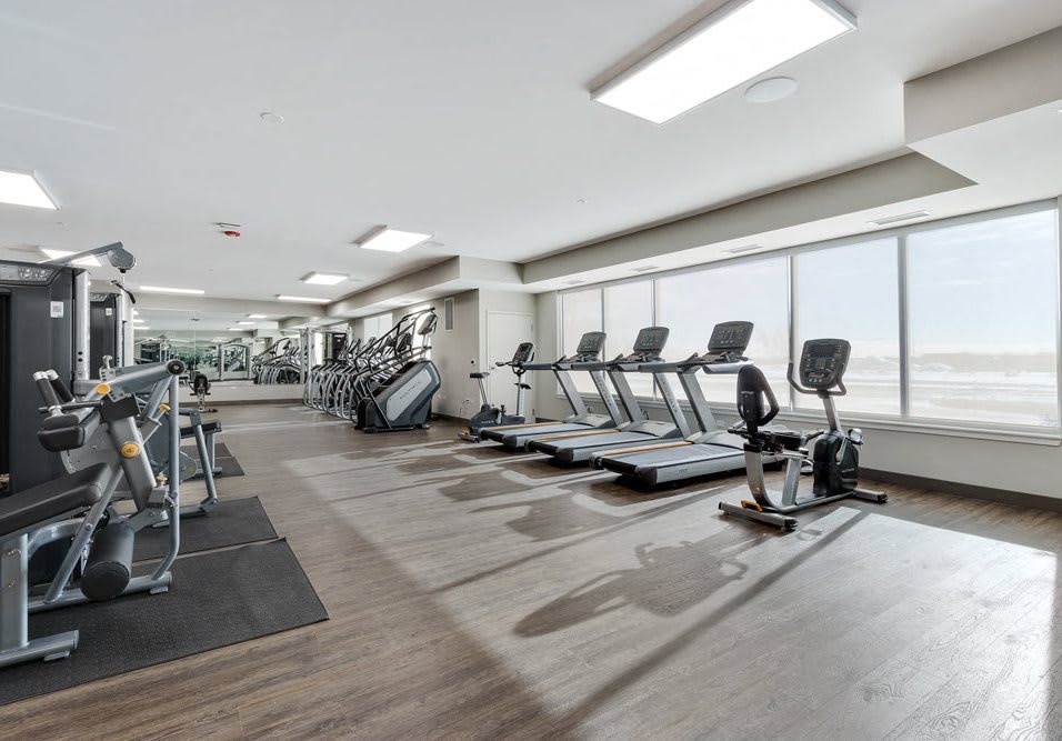 Modern fitness center with treadmills and exercise bikes.