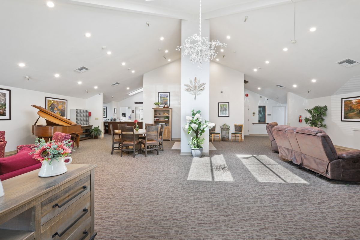 Spacious living area with dining setup and elegant decor.