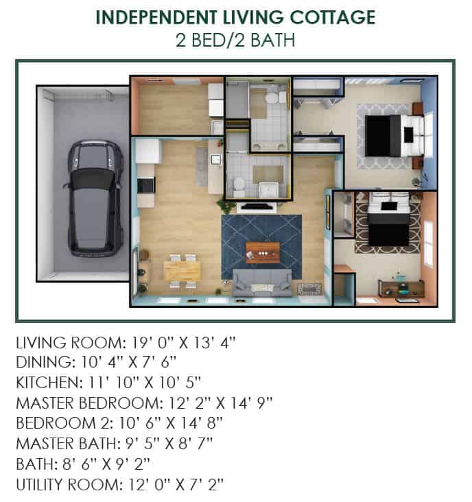 Floor plan for a two-bedroom, two-bath independent living cottage.