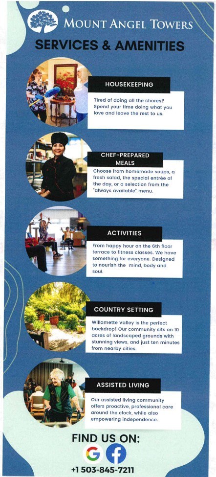 Promotional flyer highlighting chef-prepared meals, engaging activities, and a serene country setting for community living.
